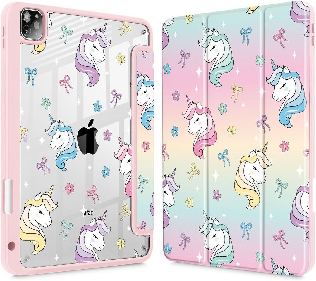 Case for iPad 12.9 Inch (6th/5th/4th/3rd Generation, 2022/2021/2020/2018), Pencel Holder + Trifold Support Auto Sleep/Wake, Transparent Shockproof Back Cover, Rainbow Unicorn