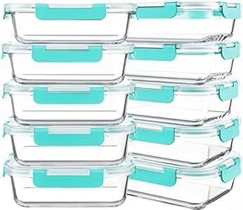 KOMUEE 10 Packs 30 oz Glass Meal Prep Containers, Glass Food Storage Containers with Lids, Airtight Lunch Bento Boxes, Microwave, Oven, Freezer and Dishwasher, Green