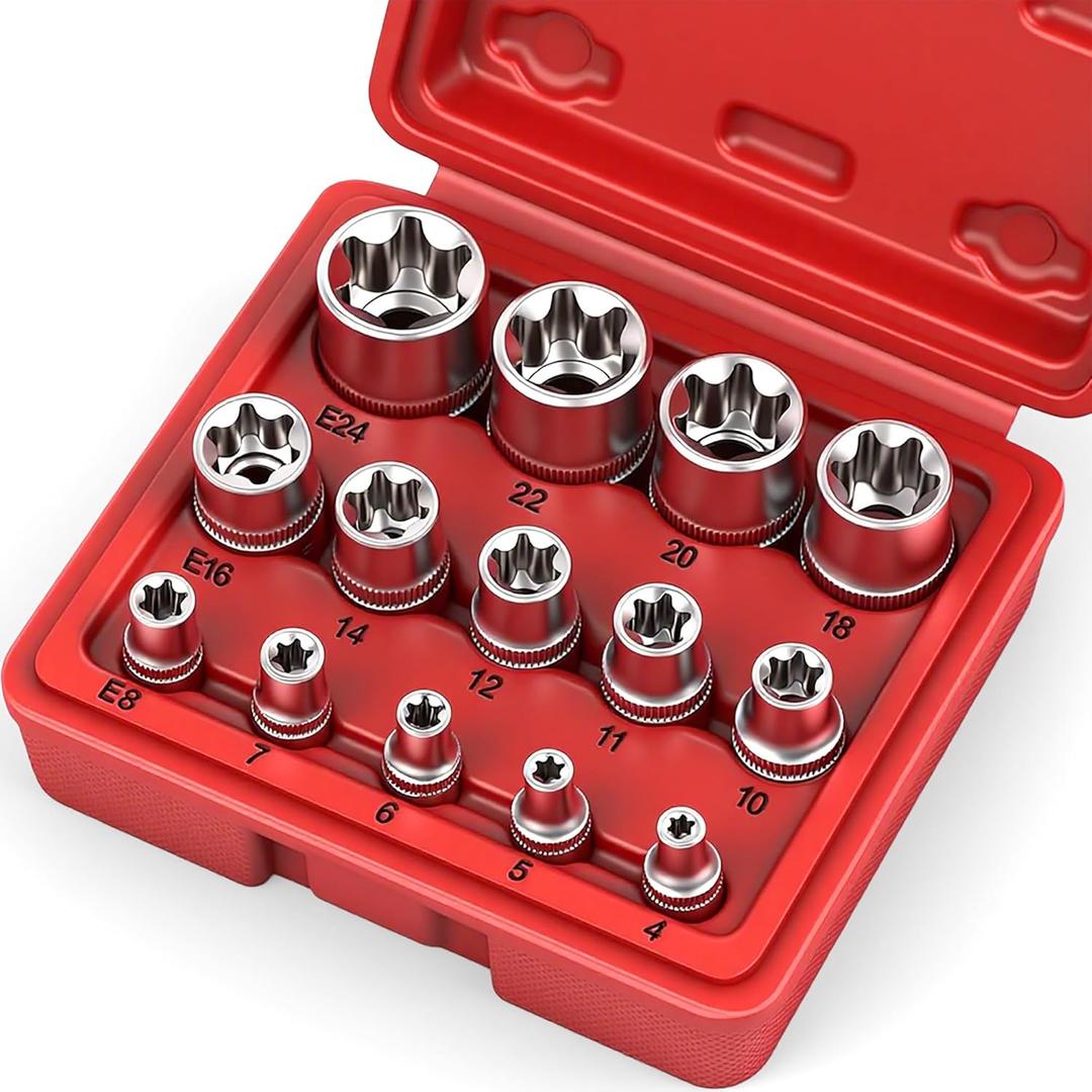 SEDY 14-Piece E-TORX Socket Set - Premium Female Torx Socket Set, Ultimate Torque Star Sockets, External Torx Sockets, E4 E5 E6 E7 E8 E10 E11 E12 E14 E16 E18 E20 E22 E24