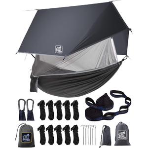 Miztli Camping Hammock with Net and Rain Fly, Portable Lightweight Outdoor Hammock Tree Travel Backpacking Hammock Tent with 20Ft(Total) Tree Straps, Perfect for Camping Hiking Yard Adventure Survival (Grey Bundle)