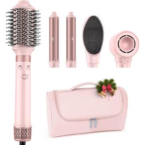 MESCOMB Dual Voltage Hot Air Styler Wrap - 5 in 1 Hair Dryer Brush with Fast Drying Blow Dryer, Styling, Straightening & Volumizing with Travel Bag (100V240V) Gift for Women (Pink)