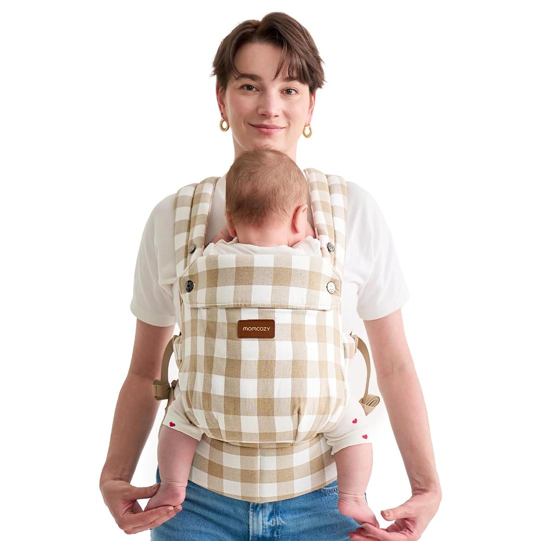 Momcozy Baby Carrier with Natural Cotton Linen, Built to Last, Ergonomic Design, Lightweight and Comfortable, Hands-Free for Moms&Dads, Brown Checkerboard 