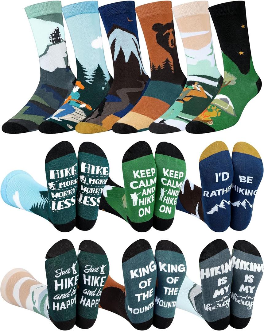 Eurzom 6 Pairs Funny Hiking Socks for Men Novelty Hike Theme Cotton Crew Socks Birthday Holiday Father's Day Gift for Outdoor Hiking Lover