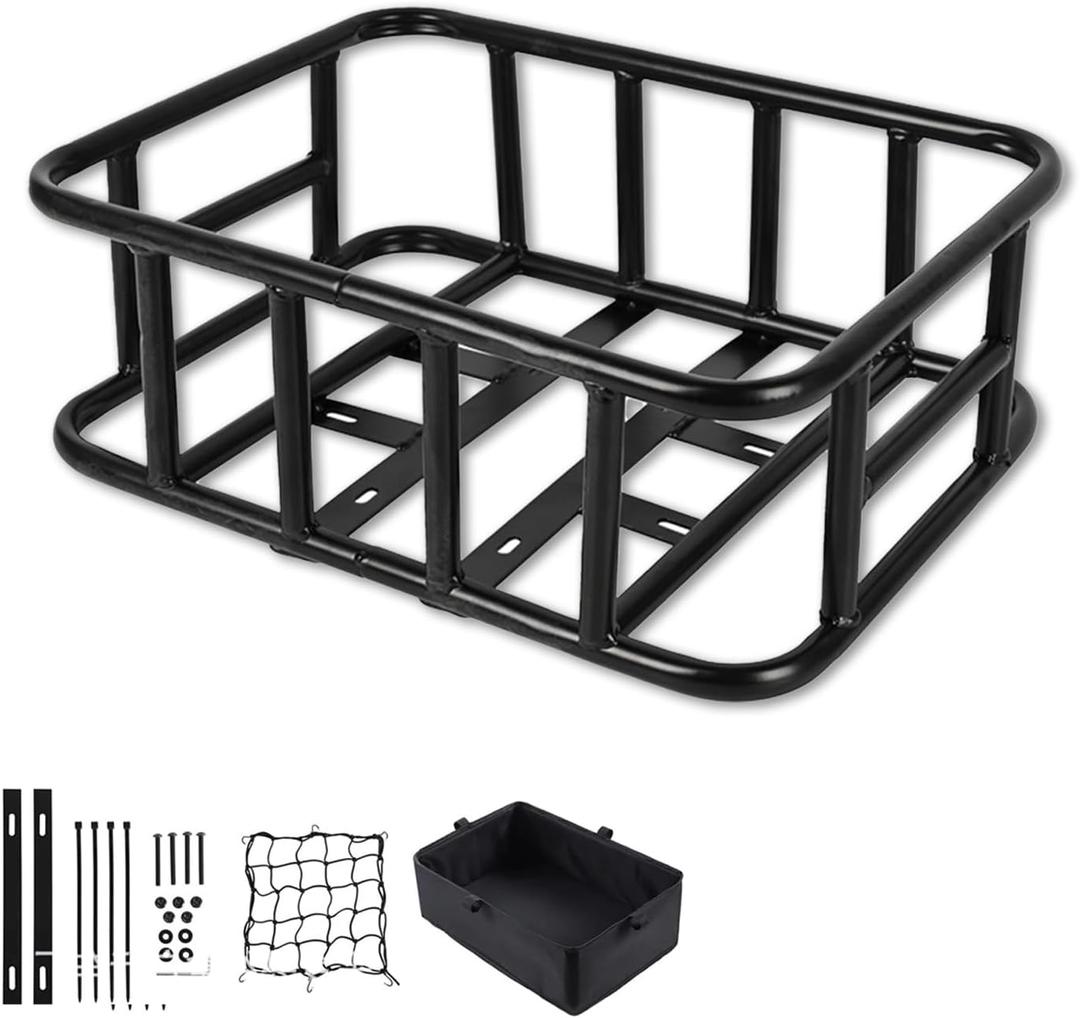 Bike BasketE Bike Rear Basket.Bicycle Basket with LinerWaterproof Cover,Cargo Net,Quick Assemble Bike Basket, Perfect for Groceries, Picnic Supplies, and Pet Transport (black)