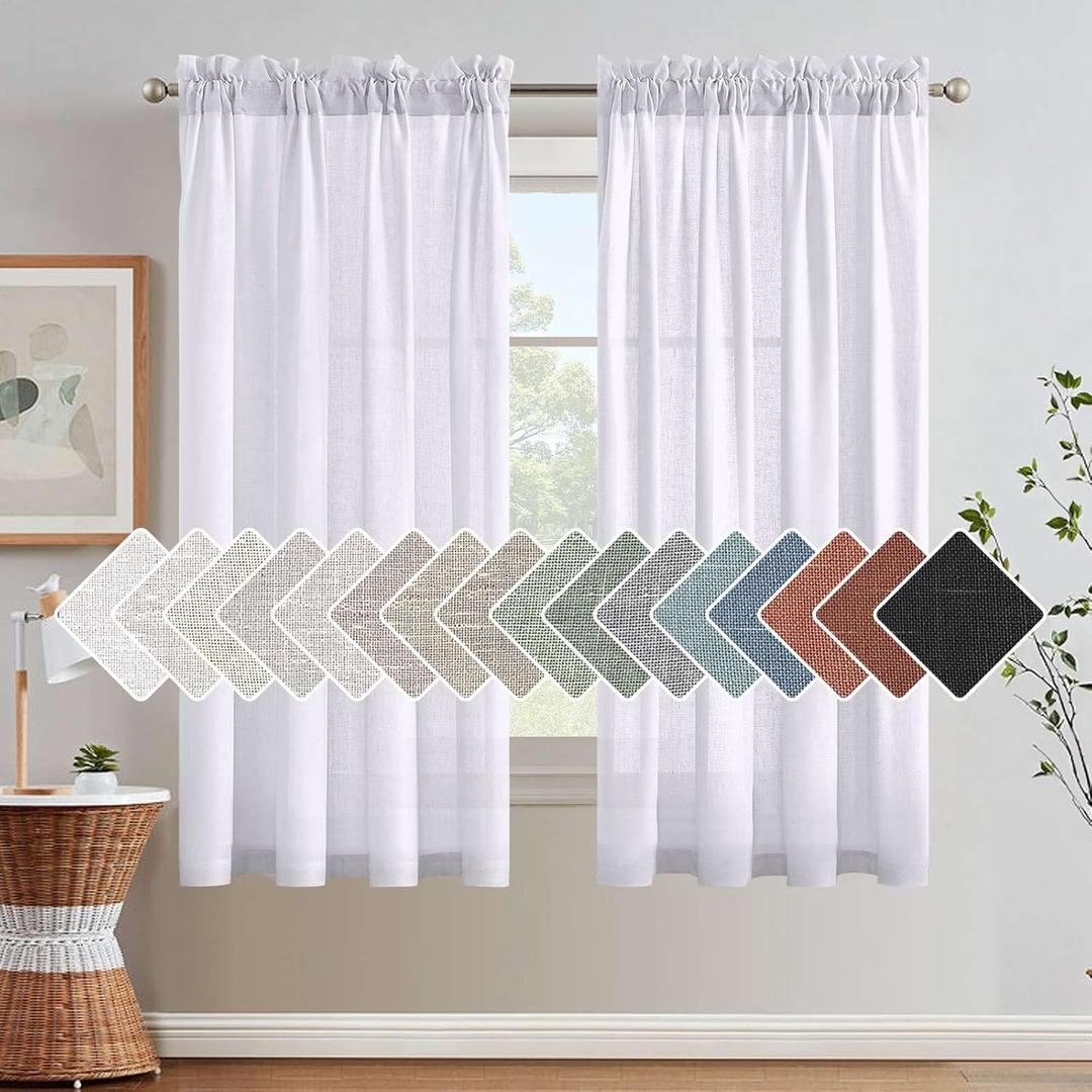 H.VERSAILTEX Linen Curtains Elegant Natural Linen Blended Curtains Energy Efficient Light Filtering/Rod Pocket Window Treatments Panels/Drapes for Livingroom (Set of 2, White, 52 inch W X 63 inch L)