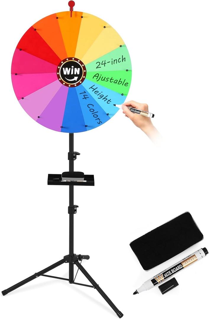 GADFISH 24-inch Spinning Prize Wheel, Ajustable 37"-65" Height Spin Doodle Game Spinner, Storable Prize Wheel Spinner with Stand, Wheel of Fortune Game, 14 Colors