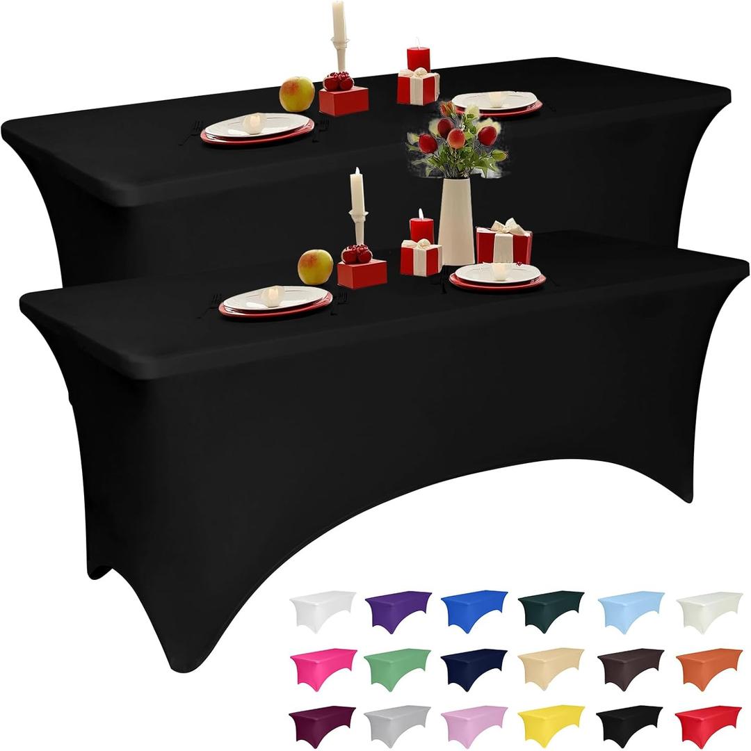 2 Pack 5 Feet Black Spandex Tablecloth for Rectangular Tables, Fitted & Stretch, Washable, Wrinkle Resistant, Perfect for Event, Wedding, Party, Banquet, Cocktail, Festival, and Table Protector