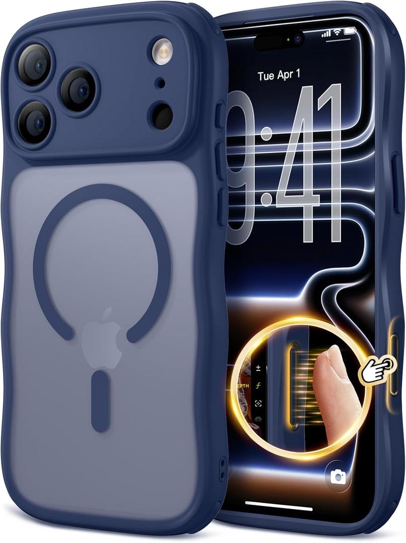 for iPhone 17 Pro Max Case for Women Girls,Compatible with MagSafe,Camera Control,Full Camera Protection, Cute Wave Magnetic Phone Case for iPhone 17 Pro Max,Dark Blue