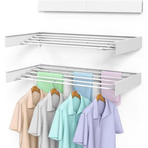 Laundry Drying Rack Collapsible, Wall Mounted Clothes Drying Rack, Space Saving Drying Rack for Laundry, 40" Wide, 16.5 Linear Ft, 5 Aluminum Rods, 60 lb Capacity (White 40")