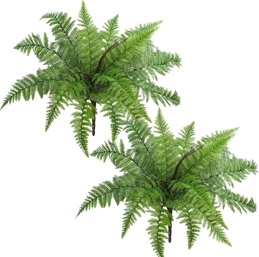 RECUTMS Artificial Fern Plants 2Pcs 19.7Inch Fake Boston Fern Faux Plastic Plant Outdoor UV Resistant Shrubs Greenery Bundles Outside Indoor Home Garden Office Balcony Party Porch Potted Hanging Decor
