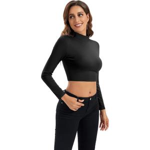 Womens Long Sleeve Crop Tops Lightweight Mock Neck Base Layer Shirts (X-Small, Black)