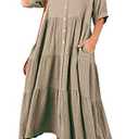 R.Vivimos Women's Summer Cotton Half Sleeves Button Down Casual Loose Slit Midi Dress with Pockets (Small, Khaki)