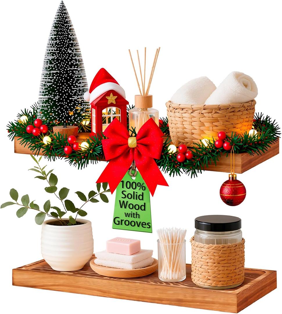 Solid Wood Floating Shelves Bathroom 16 inch Rustic Wall Wood Display Shelves with Grooves Set of 2 Home Decor for Living Room Bedroom Kitchen Farmhouse 16x6.7 inch - Brown