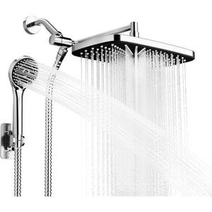 Wide Rain Shower Head With 5 Modes Handheld Showerheads, High Pressure Showerhead Combo with Extension Arm for Bathroom Accessories, Adjustable Shower Head with Anti-Clog Nozzles (Chrome)