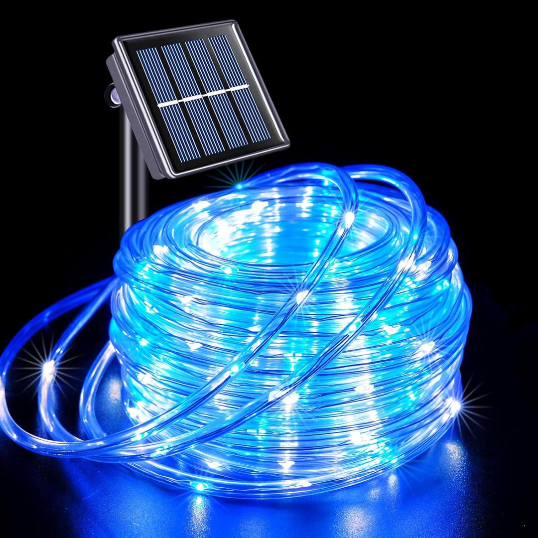 JMEXSUSS 200 LED Solar Rope Lights for Christmas Decor, 72ft IP 65 Outdoor Waterproof Christmas Rope Lights with 8 Modes, Blue and White Solar Christmas Lights for Fence Yard Walkway Christmas