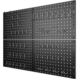 4 Pack Metal Pegboard Panels with 50 Hooks, Black Pegboard Wall Organizer, Pegboard Accessories, Heavy Duty Garage Tool Storage System for Workbench, Workshop, Office, Craft Room (16x12"- 4 Pcs)