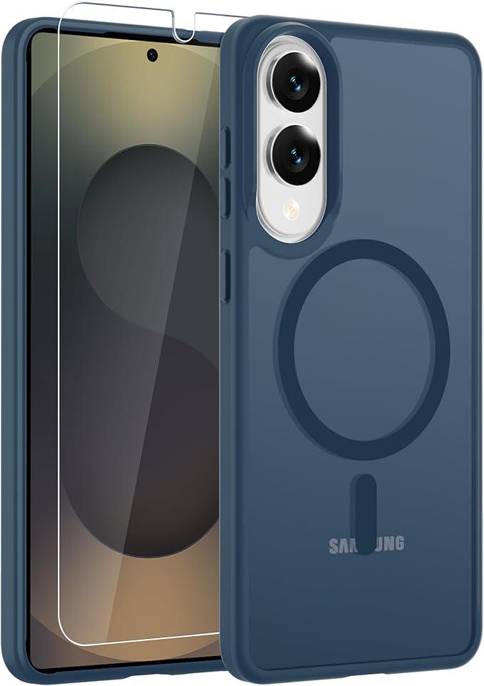 LATVIN Phone Cover for Samsung Galaxy S25 Edge Case | with 1 Screen Protector, Compatible with MagSafe, Magnetic, Military Grade Protection, Translucent Matte Frosted Back, Navy Blue