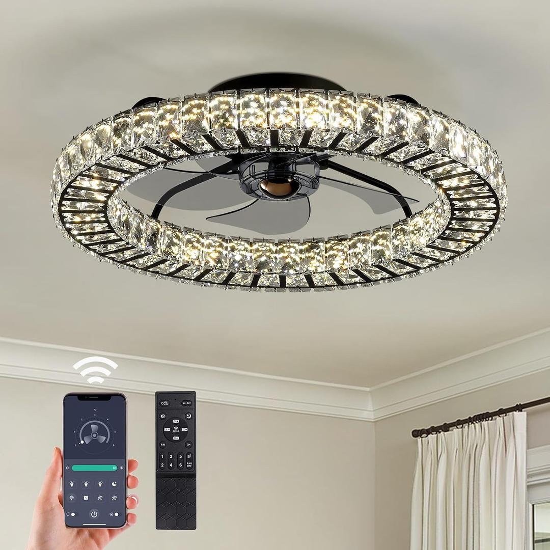 Crystal Ceiling Fan with Light and Remote, 22" Luxury Dimmable Chandelier Ceiling Fan, Modern LED Fan, Low Profile Flush Mount Fandelier for Bedroom Living Room-Black