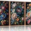 SIKERIC Dark Black Moody Floral Wall Art, Vintage Colourful Flower Framed Canvas Art Prints Set of 3, Large Botanical Art Paintings, Nature Peony Wall Decor for Living Room, Bedroom, Office-24X36 inch