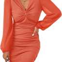 Fisoew Women's V Neck Party Dresses Slim Fitted Long Sleeve Twist Knot Ribbed Mini Club Bodycon Dress (Medium, Orange)