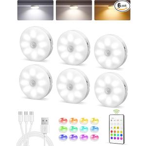 EZVALO 6-Pack Under Cabinet Lighting, Rechargeable Motion Sensor Puck Light with Remote, 3 Color Temps & 12 RGB Colors, Magnetic Stick on Light, Dimmable Under Counter Light for Kitchen, Home Decor