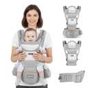 6-in-1 Ergonomic Baby Carrier with Detachable Hip Seat & Head Support, Adjustable Waist Fits 29-42 inches & Shoulder Straps, M-Shape Toddler Carrier with Big Storage Pocket for Newborn to Toddler (Grey)