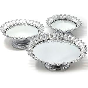 Allgala 3-Piece Set Crystal Silver Plated Cheese Dessert Cupcake Cake Stand with Mirror Plate-Silver Lotus-HD89208
