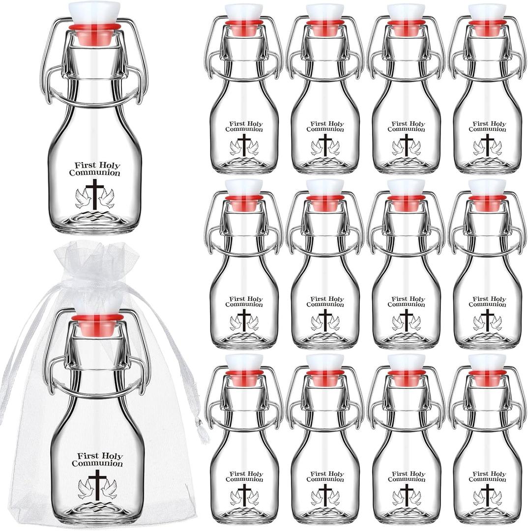 Qinyoung 12 Sets Clear Glass Bottles with Cross Catholic Bulk Glass Baptism Favors for Guests Christian Water Container with Organza Bags for Communion Gifts Church Wedding Baptism