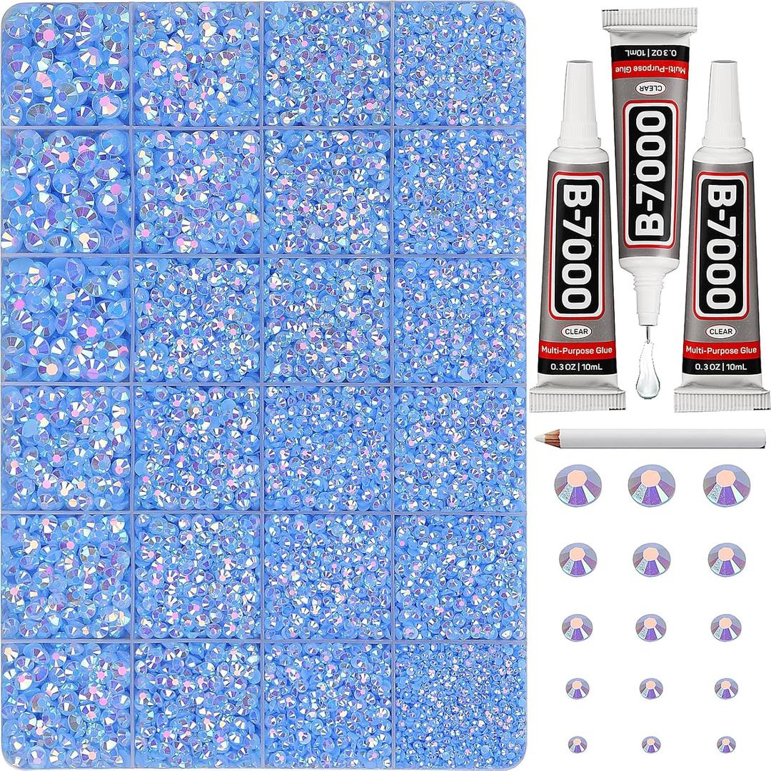 33000Pcs Baby Blue Rhinestones for Bedazzling, Bedazzler Kit with Flatback Craft Rhinestones Bulk and B7000 Glue, 2,3,4,5,6mm Resin Flat Back Crystals for Craftings, Crafts, Clothes, Shoes, Nails