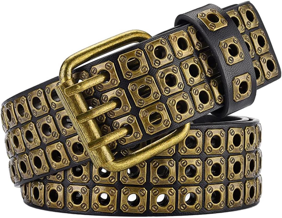 3 Row Studded Belts Punk Hip Hop Personalized Faux Leather Belts For Jeans Pants (Gold)