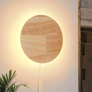 Modern Minimalist Plug in Wall Sconces, Plug-in Or Cordless 11.8'' Round Wood Backlight LED Wall Lamp, 25W, 2500LM Warm White Brightness Wall Light Fixtures for Bedroom, Living Room Wall Decor (Large)