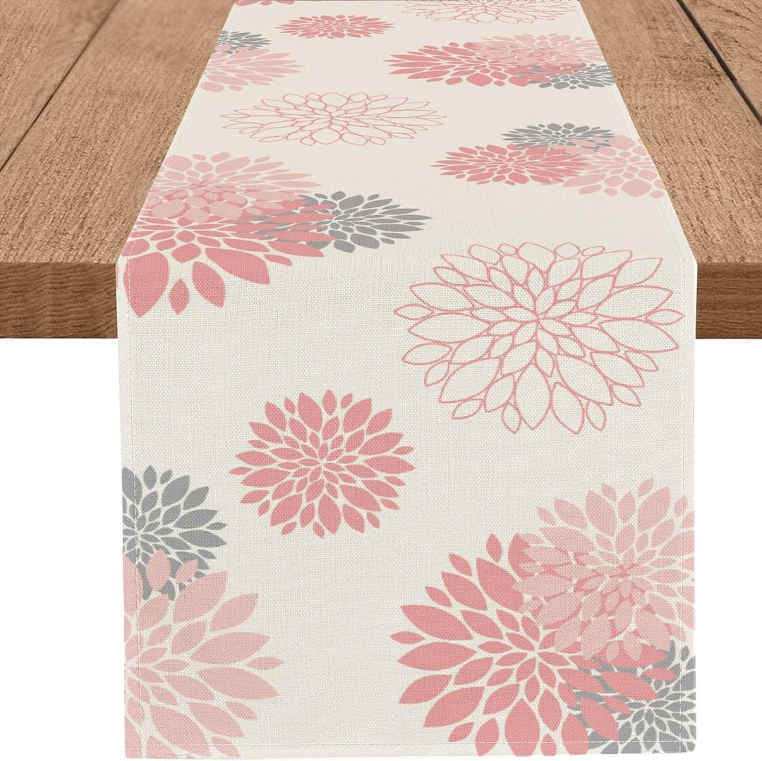 WHOMEAF Pink Gray Table Runner Dahlia Pinnata Flower Beige Table Runners Modern Elegant Pompon Farmhouse Geometric Table Center Decor for Girls Room Dining Party Patio (13 x 90 Inch)