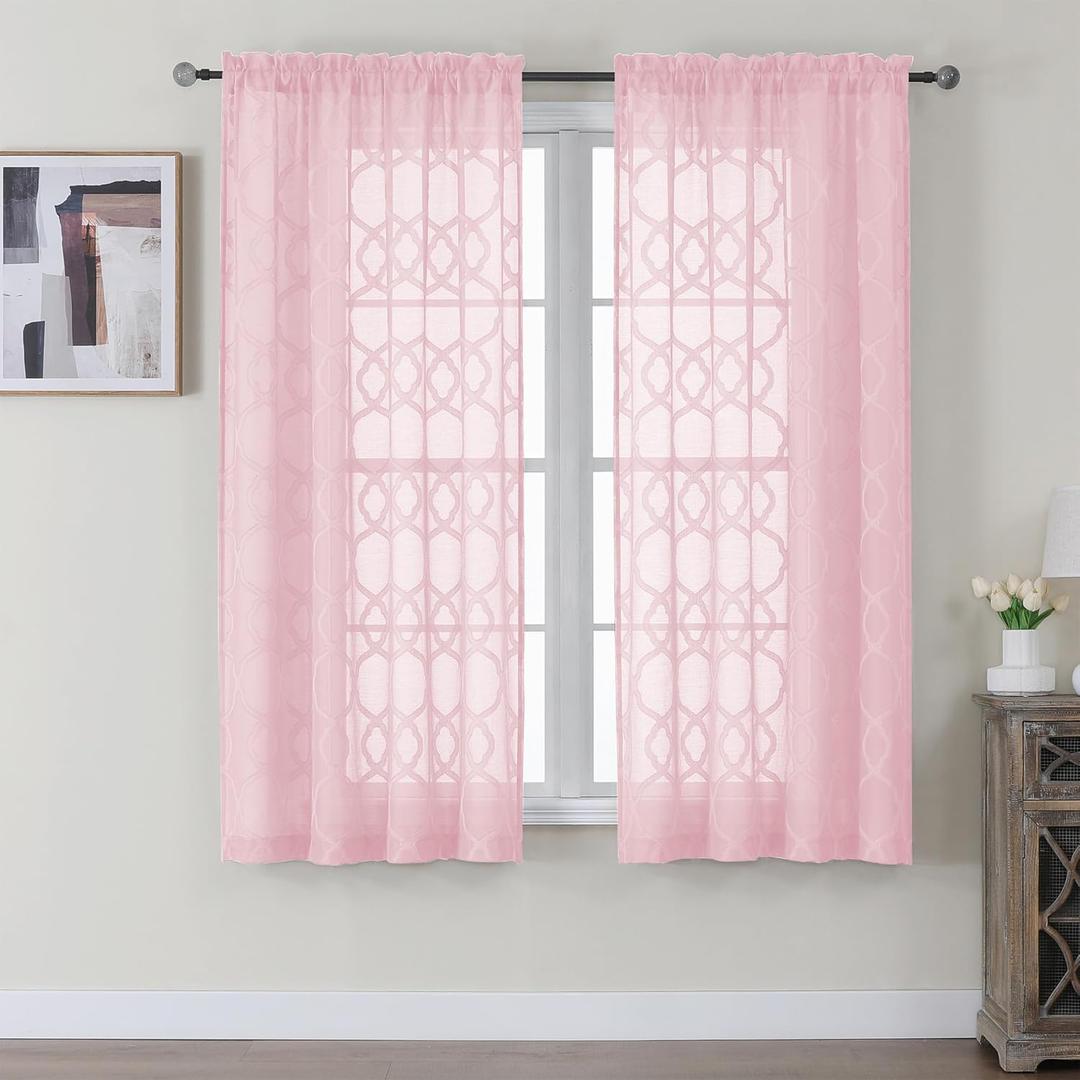 OWENIE Pink Sheer Curtains 2 Panels 54 Inch Length for Living Room Bedroom, Geometric Jacquard Clip Textured Short Curtains for Small Window, Elegant Bathroom Curtains Sheers, 42x54 inch
