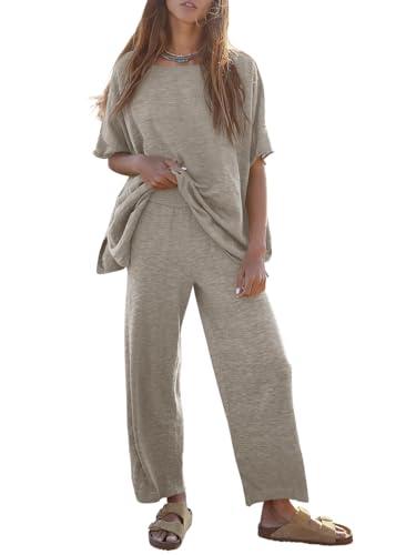 Tankaneo Women's 2 Piece Travel Outfits Casual Short Sleeve Knit Sweater Set Wide Leg Pants Lounge Sets Tracksuit, Size M