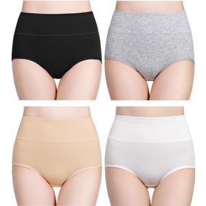 wirarpa Women's Cotton Underwear High Waisted Ladies Panties Full Coverage Briefs 4 Pack (Regular & Plus Size) (Black/White/Gray/Beige - Set 7)