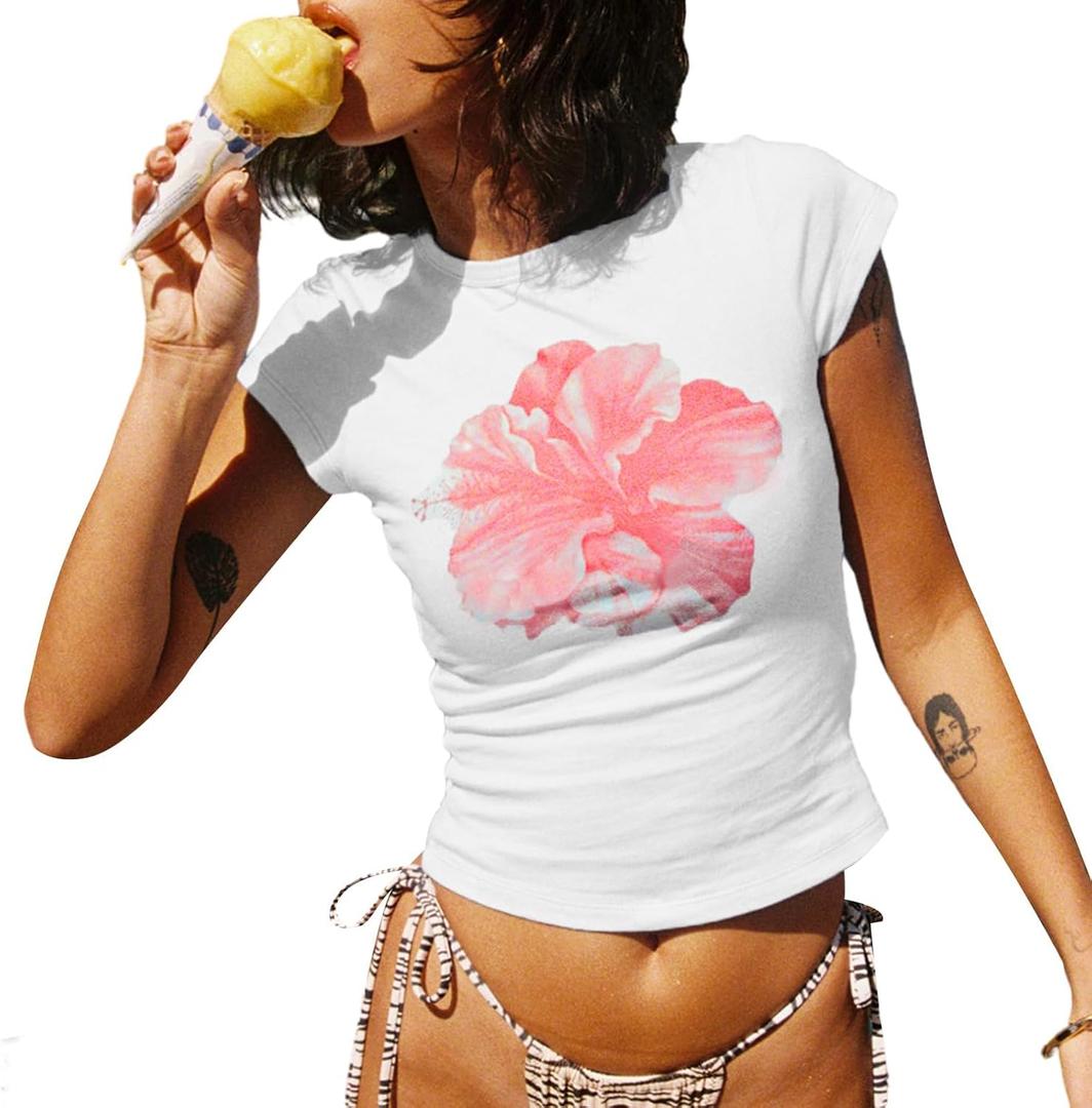 Graphic Baby Tees for Women Y2k Cute Summer Tops Cropped Shirts Teens 90s Streetwear (Large, Floral White)