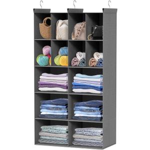 Ofiray-home 5 Tier Hanging Closet Organizer, 14 Compartments Sweater Organizer for Closet with 3 Sturdy Hooks, Closet Organizers and Storage, Wardrobe, Rv, Garment Rack, Grey