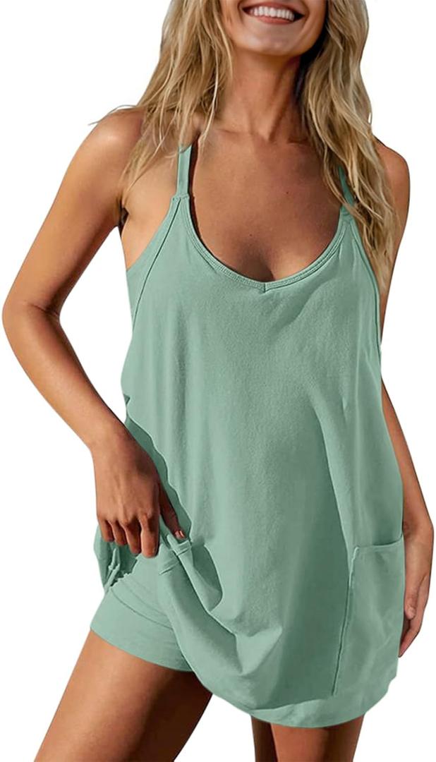 TARSE Athletic Dress for Women Casual Sleeveless Spaghetti Strap Sundress Workout Short Tennis Dress with Pockets (Large, Light Green)