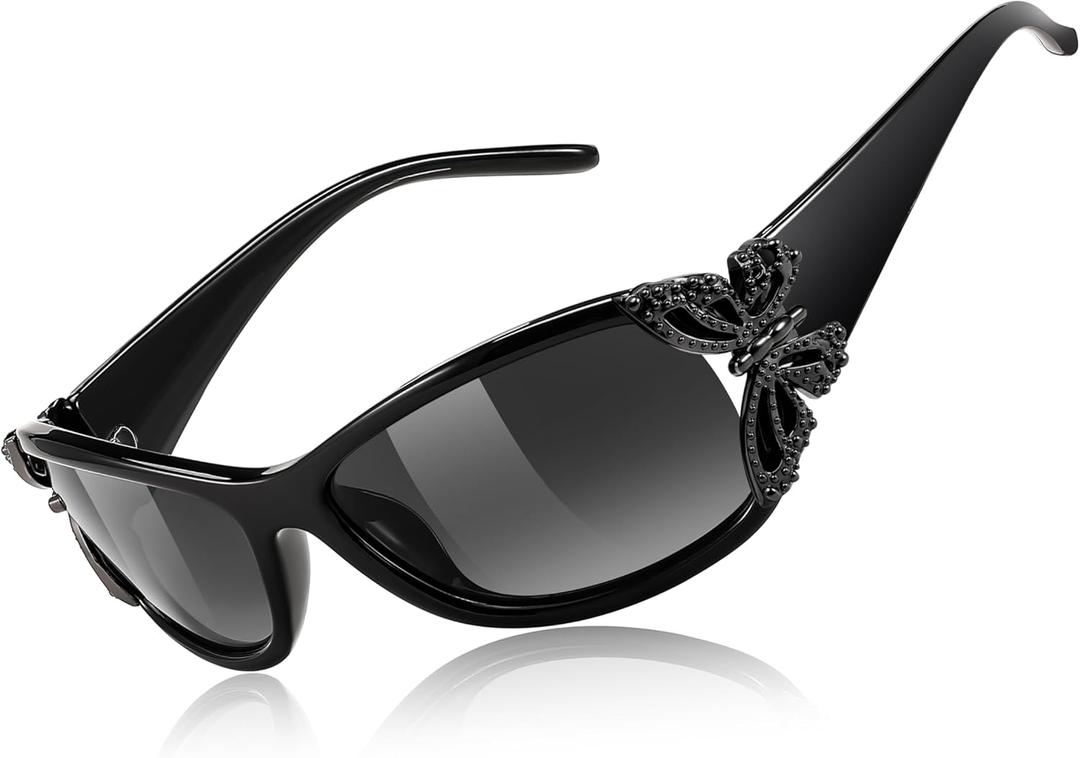 FEISEDY Trendy Polarized Y2K Sunglasses Wrap Around Butterfly Design Fashion Sunnies UV400 Protection B0078 (Black Frame & Gradual Grey Lens)