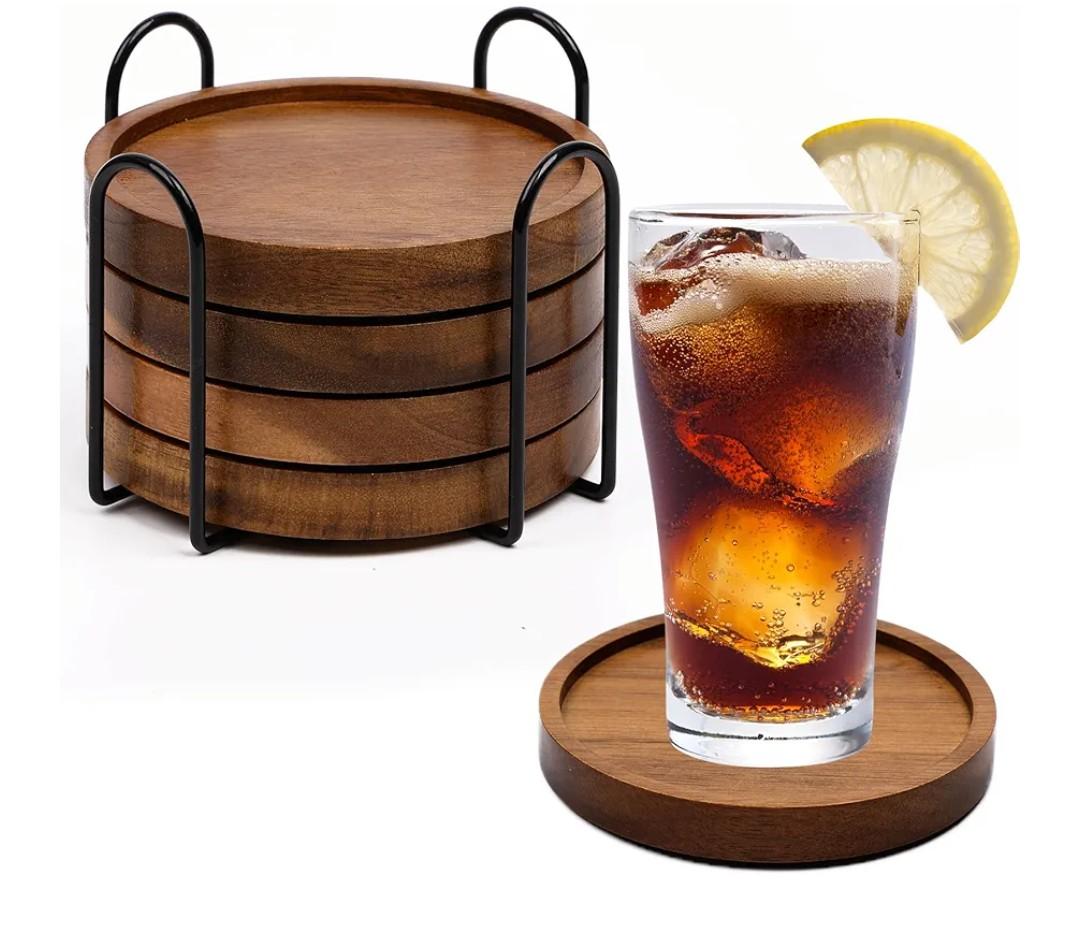 4 Pcs Wood Coasters for Drinks Absorbent, Wooden Coasters with Holder, Drink Coasters for Coffee Table, Absorbent Coaster Set for Table Protection Drink Coasters for Farmhouse, Office, Bar