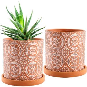 Jucoan 2 Pack Terracotta Plant Pot, 5'' Red Clay Planter Pot with Boho Flower Pattern, Ceramic Cactus Flower Planter Succulent Pot with Drainage Hole and Saucer for Indoor Outdoor Plant