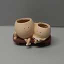 Meltset Cute Face Planter Pot - Funny Double Head Planter Sitting on Bench, Smiley Succulent Pot with Drainage Indoor and Outdoor, Unique Gift for Plant Lovers(Light Brown)