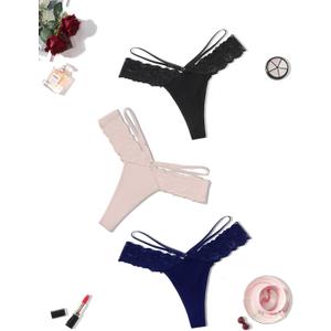 Avidlove Womens Underwear Cotton Thongs Sexy Lace Bikini Panties V Shape Waistband Tangas 1-4 Packs (Medium, Black,pink,navy Blue)
