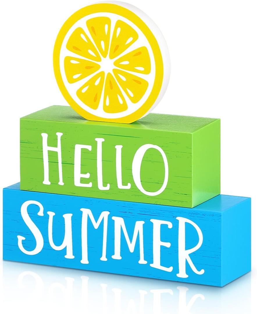 3 Pieces Summer Wooden Block Decor for Home Lemon Wooden Tiered Tray Block Decor Rustic Hello Summer Sign for Living Mantle Kitchen Table Party Decoration