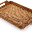 Hand-Woven Rattan Rectangular Serving Tray with Handles for Breakfast, Drinks, Snack for Coffee Table (14.5x10.2x1.4inches)