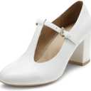 DREAM PAIRS Low Chunky Heels for Women T-Strap Mary Jane Pumps Wedding Dress Shoes (8, White/Pu)