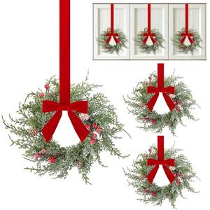 Aneco 6 Pcs 9.8" Small Christmas Norfolk Wreaths Decorations Mini Christmas Kitchen Cabinet Wreaths with Red Velvet Bow Artificial Hanging Garlands for Door Window Room Farmhouse Xmas Party Decor