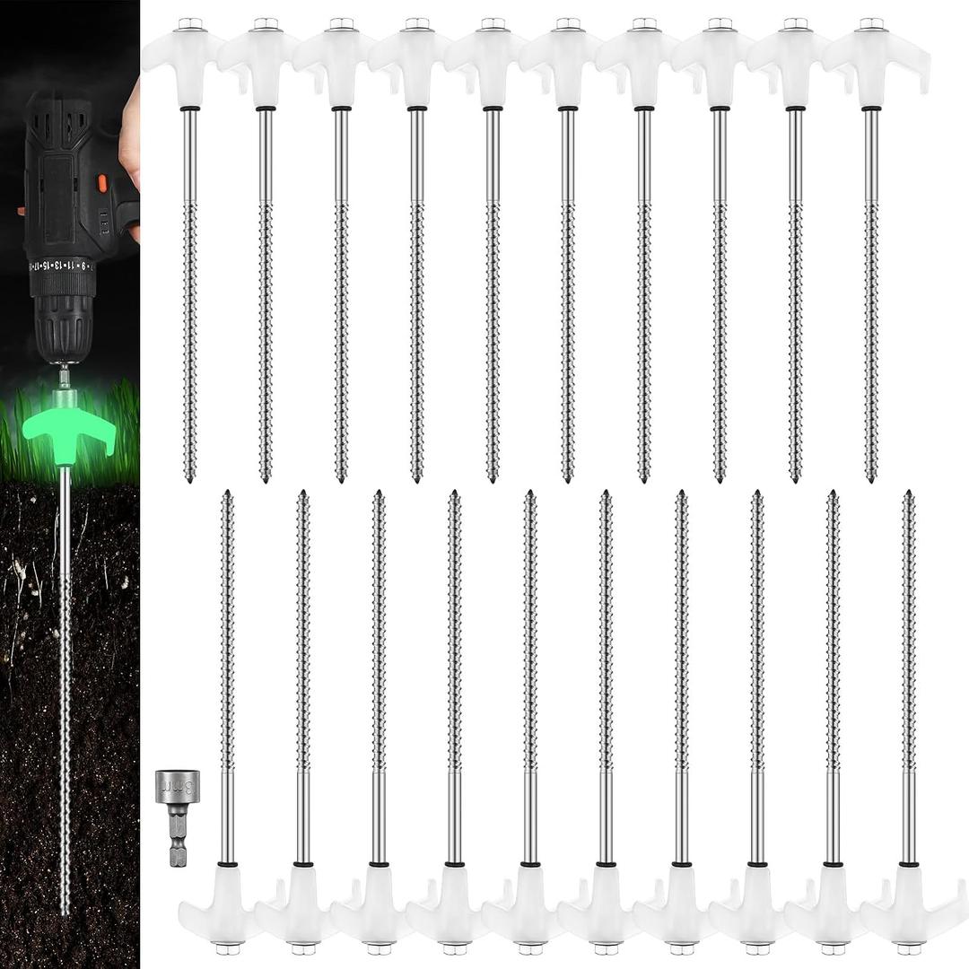 Hicarer 20 Pcs 8'' Screw in Tent Stakes Heavy Duty Ground Metal Stakes for Inflatables with Hex Head Driver for Outdoor Camping Tent Inflatable Garden Decor (Luminous White)