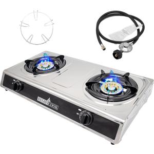 Double Burner Propane Gas Cooktop,Camping Portable LPG Gas Stove, Auto Ignition Stainless Steel Countertop With Regulator And Gurner Grate