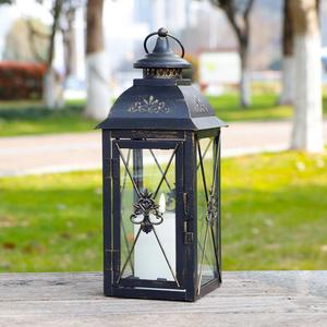 TRIROCKS Decorative Hanging Lantern 16'' High Vintage Metal Candle Holder with Tempered Glass Perfect for Living Room Garden Yard Patio Parties Events Indoors Outdoors (Black)